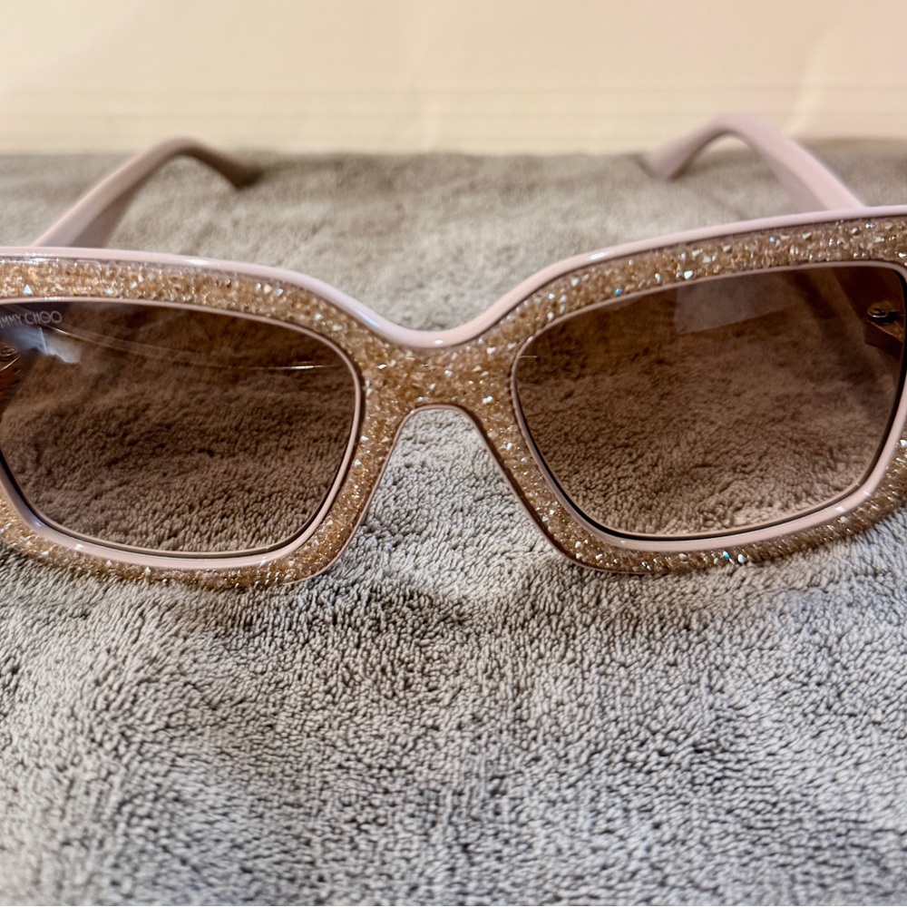 Jimmy Choo Nude Glitter Square Sunglasses with Brown Lenses